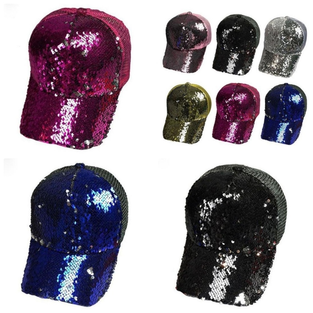 Glitter pony tail ball caps